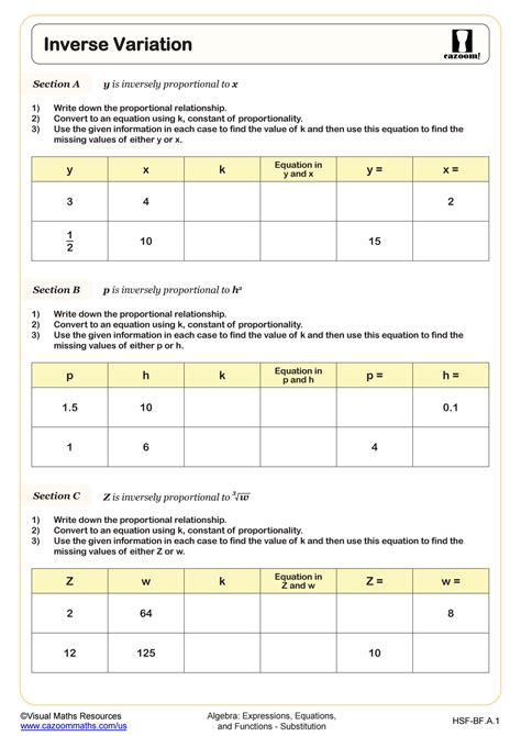 Algebra 1 Inverse Variation Practice Answers