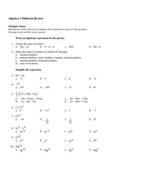 algebra 1 midterm review answer packet