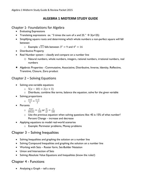 Algebra 1 Midterm Review Study Guide Teacher Web