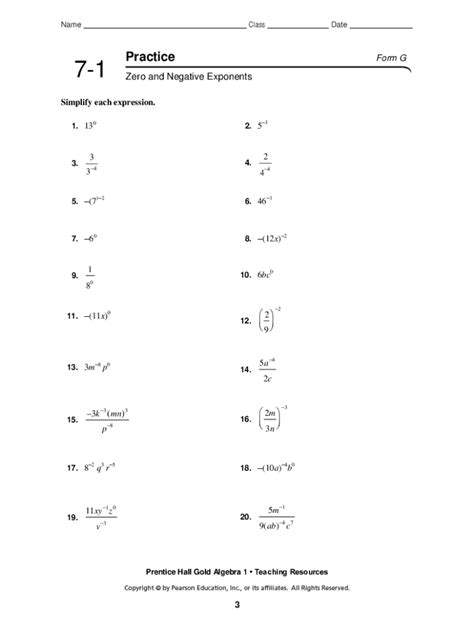 Algebra 1 Practice Form G Answer Key