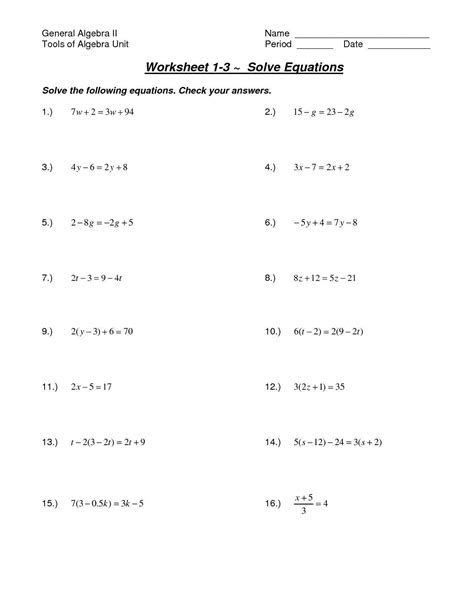 Algebra 1 Solving For A Variable Worksheet Algebra Equation Worksheet - Algebra Equation Worksheet