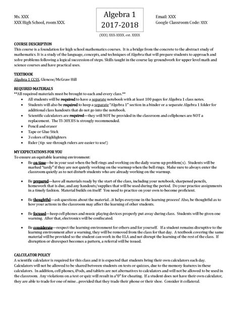 algebra 1 syllabus Math by the Mountain