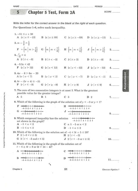 Algebra 1 Test Form 2a Answers