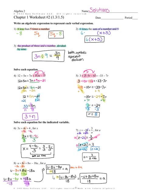 Algebra 2 Chapter 1 Worksheet