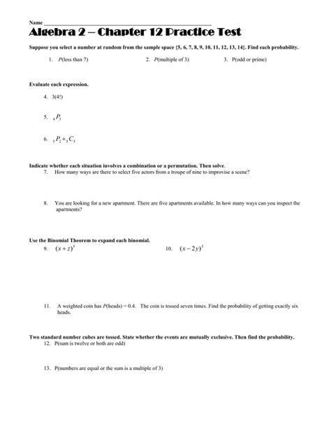 Algebra 2 Chapter 12 Practice Workbook