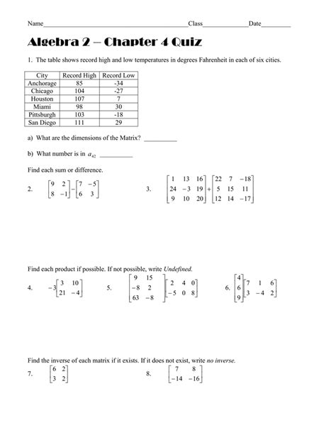 Algebra 2 Chapter 4 Quiz 1 Review Answers