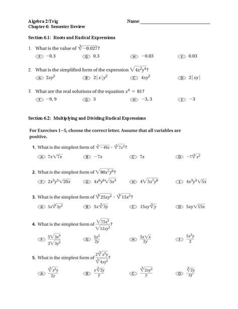 Algebra 2 Chapter 6 Answers