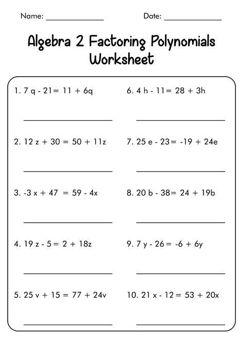 algebra 2 factoring polynomials worksheet