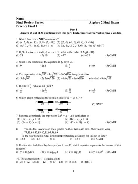 Algebra 2 Final Exam And Answer Key