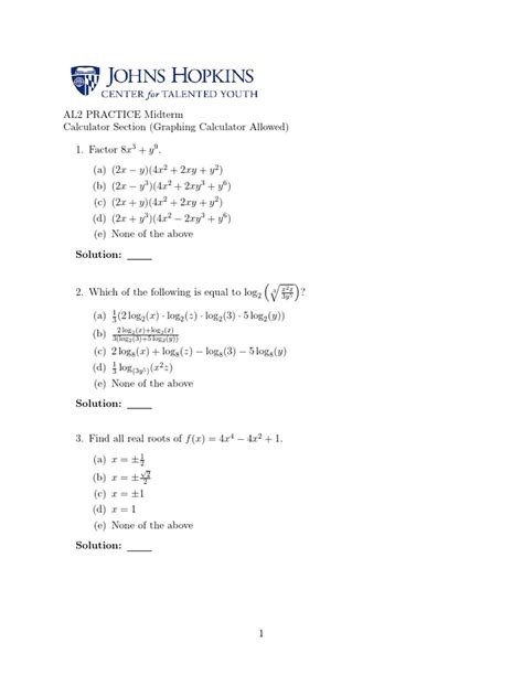 Algebra 2 Midterm Practice Test Answers
