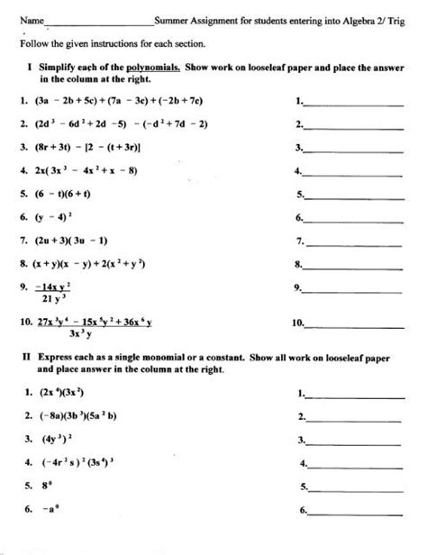 Algebra 2 P Summer Assignment Answers
