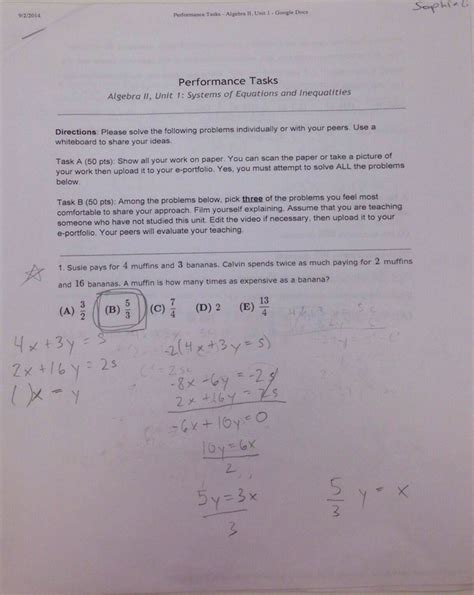 Algebra 2 Performance Task Answers