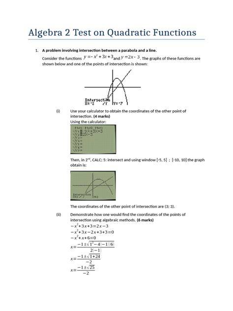 algebra 2 quadratic functions test answers