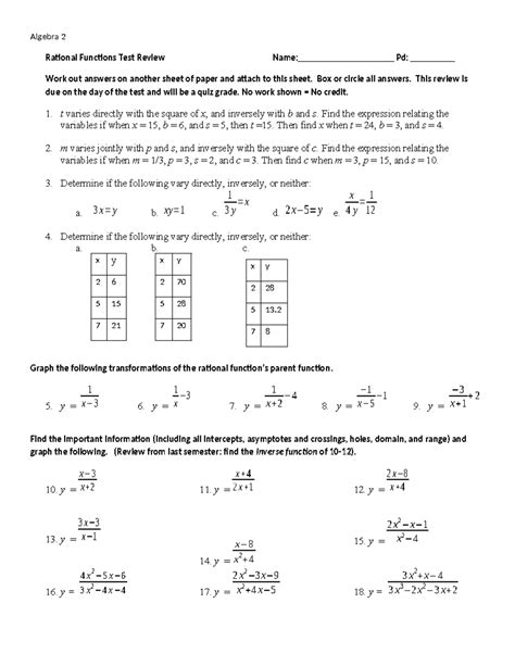 Algebra 2 Rational Functions Test Answers