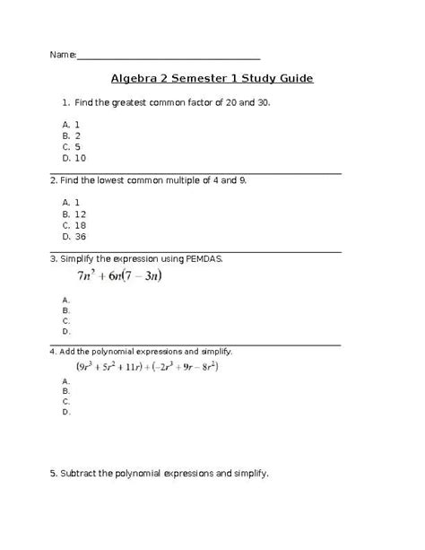 Algebra 2 Semester Study Guide Answers