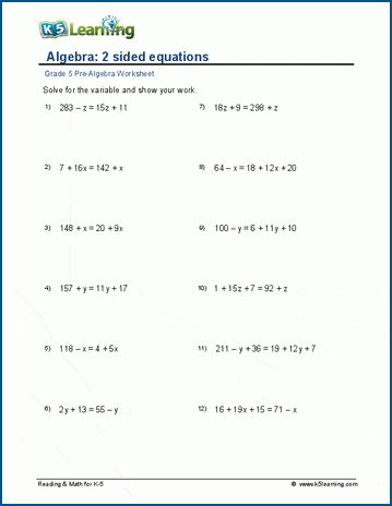 Algebra 2 Sided Equations Worksheets K5 Learning Variable On Both Sides Equations Worksheet - Variable On Both Sides Equations Worksheet