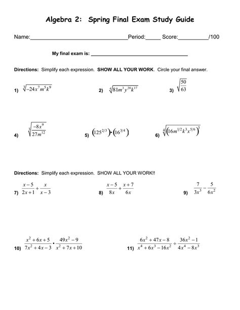 Algebra 2 Spring Final Id B Answers