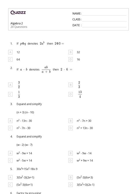 Algebra 2 Worksheets