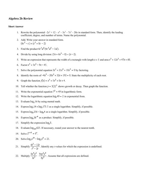 Algebra 2b Final Review