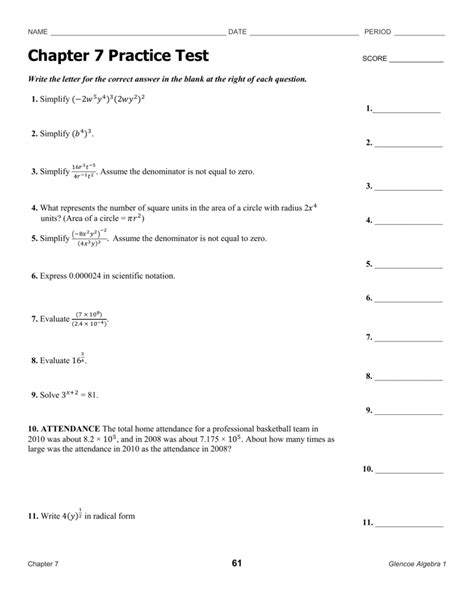 Algebra Chapter 7 Test Form B