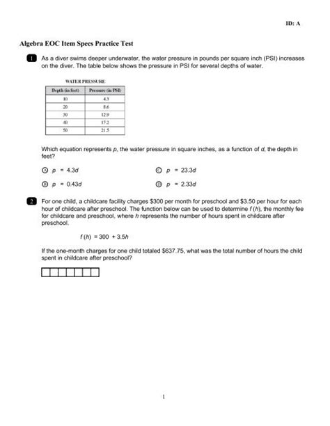 Algebra Eoc Practice Test Answers Key