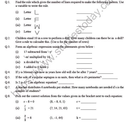 Algebra For Class 6 Worksheets