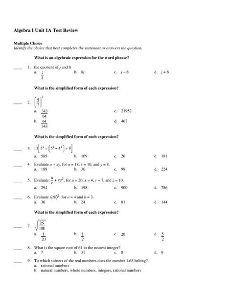 Algebra I Unit 1a Test Review