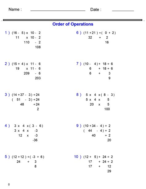 Algebra Order Of Operations Practice