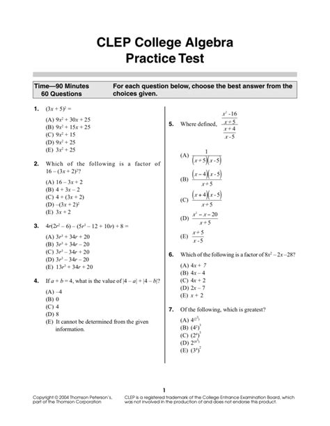 Algebra Practice Test Santa Barbara City College