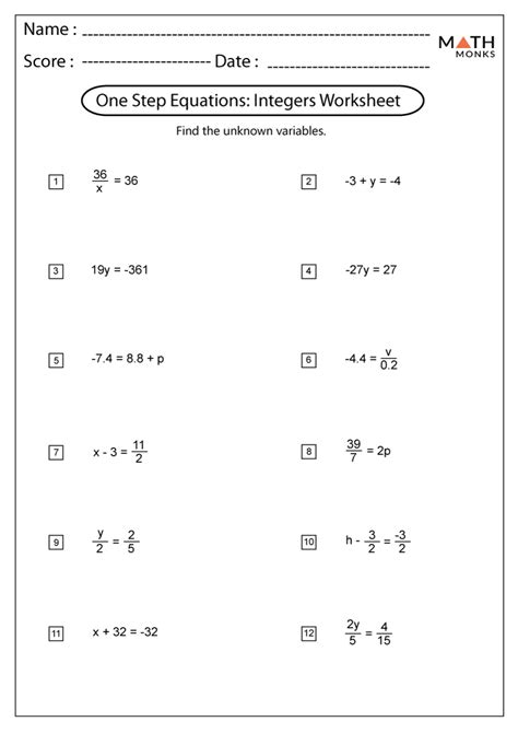 Algebra Worksheets Math Drills One Step Linear Equations Worksheet - One Step Linear Equations Worksheet