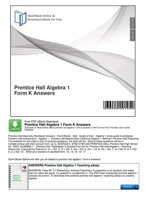 Download Algebra 1 Practice Workbook Answers Prentice Hall File Type Pdf 