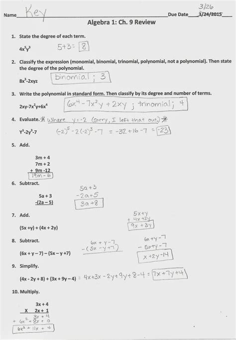 Read Online Algebra 1 Unit 9 Review Answers 