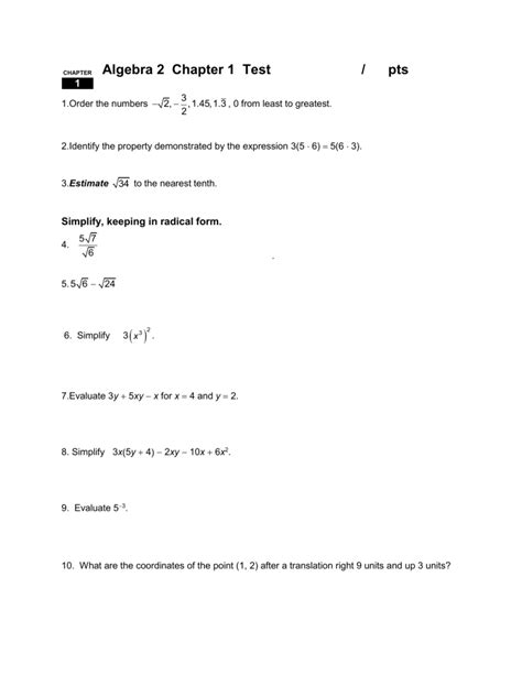 Full Download Algebra 2 Chapter 1 Quiz 