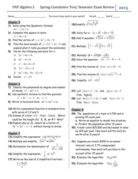 Download Algebra 2 Cumulative Test Chapters 1 6 Weihuoore 