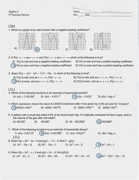 Read Algebra 2 Semester Test Answer Key 