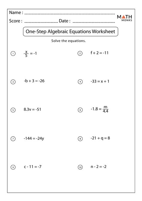 Algebraic Equations Single Step Worksheets Solve One Step Equations Worksheet - Solve One Step Equations Worksheet