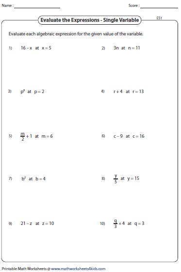 Algebraic Expressions Worksheets Evaluating One Variable Worksheets Worksheet On Evaluating Expressions - Worksheet On Evaluating Expressions