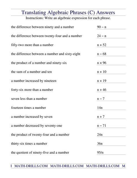Algebraic Expressions Worksheets Translate Algebraic Expressions Worksheet Answers - Translate Algebraic Expressions Worksheet Answers