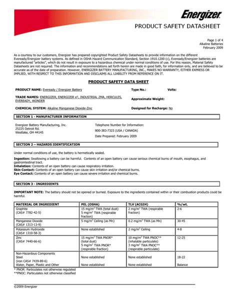 Alkaline Material Safety Data Sheet Batteries