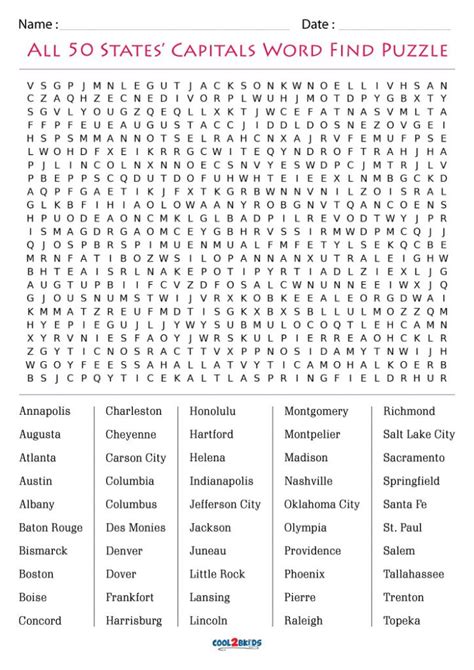 All 50 States Capitals Word Search Puzzle 50 State Word Search Printable - 50 State Word Search Printable