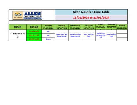 Allen Batch Time Table