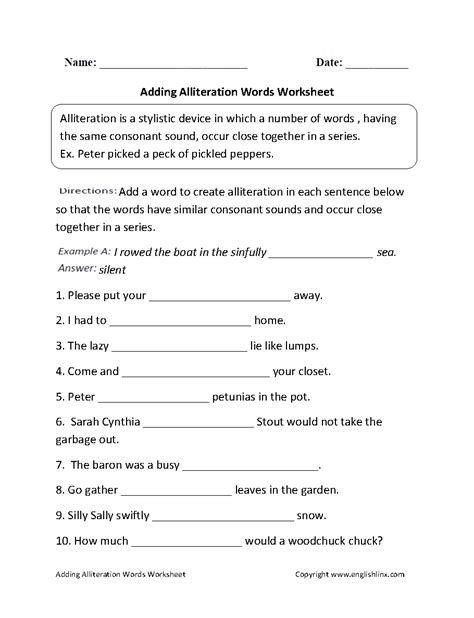 Alliteration Worksheets Adding Alliteration Words Worksheet Alliteration Worksheet 7th Grade - Alliteration Worksheet 7th Grade
