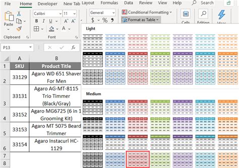 alternating color rows excel
