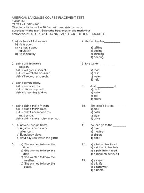 American Language Course Placement Test Answer Booklet