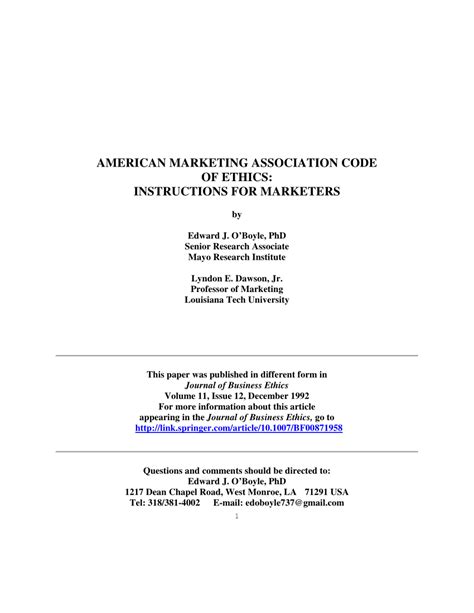 American Marketing Association Code Of Ethics