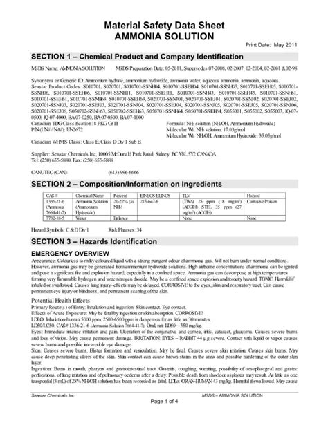 Ammonia Material Safety Data Sheet