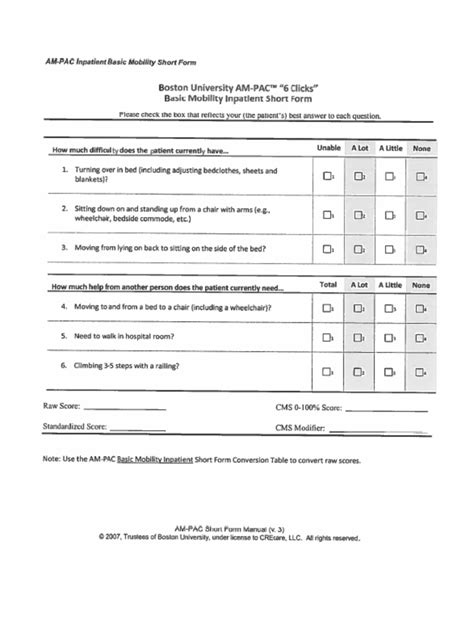 Ampac Basic Mobility Inpatient Short Form Score