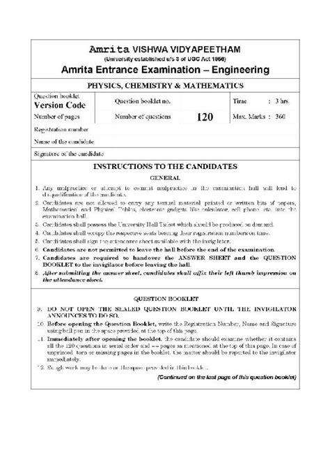 Full Download Amrita Engineering Entrance Exam Question Papers 