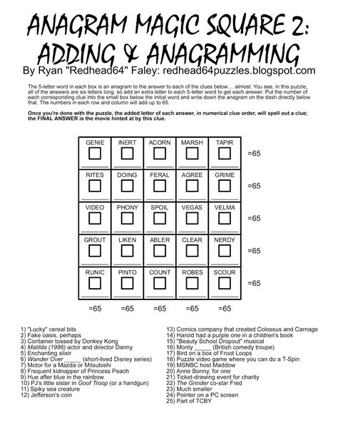 Anagram Magic Square Puzzles
