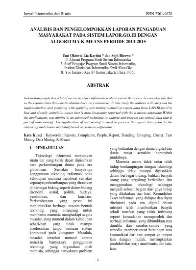 Analisis Dan Pengelompokkan Laporan Pengaduan Masyarakat Pada Sistem Lapor Go Id Dengan Algoritma K Means Periode 2013 2015 - Data Togel China 2015